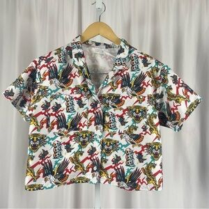 Empyre XS Graphic Crop Button Down Shirt Tiger Skull Eagle Ed Hardy Style Tattoo